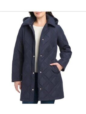 Jones New York Womens Quilted Hooded Coat XS Navy With Belt